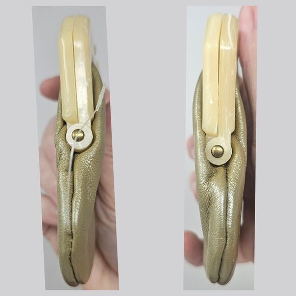 Vintage Green Italian Leather Cream Marbled Tortoise Shell Kiss Lock Coin Purse - Picture 3 of 8